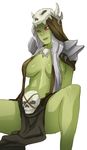  bad_deviantart_id bad_id breasts brown_hair eyebrows fang female_orc green_skin hair_censor large_breasts loincloth long_hair monster_girl multicolored_hair no_pupils orc original pauldrons red_eyes sideboob silver_hair sitting skull skull_necklace solo spread_legs topless two-tone_hair whistle_frog 