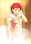  abs absurdres emiya_shirou fate/stay_night fate_(series) highres lvlv male_focus muscle onsen red_hair solo sweat towel towel_around_neck yellow_eyes 