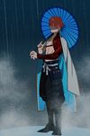  armor cape emiya_shirou fate/grand_order fate_(series) highres igote japanese_armor kusazuri limited/zero_over male_focus o-rui parasol red_hair shirtless solo umbrella 