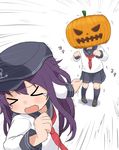  &gt;_&lt; akatsuki_(kantai_collection) anchor_symbol black_legwear black_skirt closed_eyes commentary_request flat_cap girly_running halloween hat highres inazuma_(kantai_collection) jack-o'-lantern kantai_collection kneehighs long_hair long_sleeves multiple_girls neckerchief okitsugu open_mouth pleated_skirt purple_hair red_neckwear running school_uniform serafuku skirt tears trembling wavy_mouth 