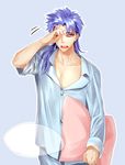 blue_hair fate/stay_night fate_(series) kkuwa lancer male_focus pajamas pillow solo wiping_face yawning 