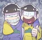  arm_around_shoulder bad_id bad_twitter_id black_hair brothers grin heart heart_in_mouth hood hoodie male_focus matsu_symbol matsuno_ichimatsu matsuno_juushimatsu messy_hair multiple_boys osomatsu-kun osomatsu-san sanjiro_(tenshin_anman) shaded_face siblings sleeves_past_wrists smile surgical_mask thumbs_up upper_body 