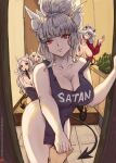  animal_ears apron black_horns breasts cerberus_(helltaker) demon demon_girl demon_horns demon_tail dog_ears helltaker highres holding_hands hood hoodie horns looking_at_viewer lucifer_(helltaker) meeting mouth_hold naked_apron open_clothes open_door open_shirt pandemonica_(helltaker) panties panties_in_mouth pov red_eyes red_shirt round_eyewear shirt siblings tail thighs twins underwear vicartrious white_hoodie 