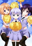  absurdres arm_up black_legwear blue_eyes blue_hair cheerleader cloud day gochuumon_wa_usagi_desu_ka? hair_ornament hairclip highres hoto_cocoa kafuu_chino leg_lift midriff multiple_girls navel non-web_source official_art open_mouth orange_hair pom_poms purple_hair sky smile tedeza_rize thighhighs x_hair_ornament zettai_ryouiki 