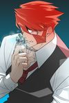  chain cross cross_necklace fangs glasses highres holding_cross jewelry kekkai_sensen klaus_von_reinhertz male_focus necklace o-rui red_hair sideburns solo underbite vest waistcoat 