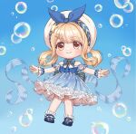  1girl alientomoe blonde_hair blue_background blue_bow blue_bowtie blue_dress blue_shoes bow bow_hairband bowtie bubble bubbly_voyage_(infinity_nikki) chibi dress frilled_socks frilled_wrist_cuffs frills full_body hair_ornament hair_rings hairband hat highres infinity_nikki looking_at_viewer nikki_(series) off-shoulder_dress off_shoulder orange_eyes shoes short_sleeves smile socks solo star_(symbol) star_hair_ornament white_hat white_socks wrist_cuffs 