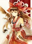  acrylic_paint_(medium) ainu_clothes alternate_costume bad_id bad_pixiv_id bare_shoulders bird brown_hair detached_sleeves hair_ribbon hair_tubes hakurei_reimu hawk jewelry keiko_(mitakarawa) knife long_hair looking_to_the_side necklace parted_lips red_eyes ribbon sheath sheathed solo striped striped_background touhou traditional_media watercolor_(medium) yin_yang 