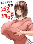  blush breast_hold breasts brown_eyes brown_hair gigantic_breasts highres image_sample kloah pixiv_sample short_hair solo translated 