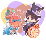  alice_(wonderland) alice_(wonderland)_(cosplay) alice_in_wonderland chibi cosplay crossdressing cupcake emiya_shirou fate/stay_night fate_(series) food hat kotomine_kirei male_focus multiple_boys pocket_watch sunday31 top_hat watch white_rabbit white_rabbit_(cosplay) 