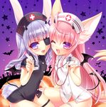  :d ahoge animal_ears asymmetrical_legwear bangs bat bat_wings black_vs_white black_wings blunt_bangs blush bottomless bunny_ears bunny_tail buttons cross curly_hair demon_tail elin_(tera) eyepatch fox_ears fox_tail gradient graveyard groin halloween hat holding horns long_hair looking_at_viewer multiple_girls name_tag night night_sky nurse nurse_cap one_eye_closed open_mouth over-kneehighs pink_hair pumpkin purple_eyes purple_hair purple_sky sanom short_sleeves sitting sky smile star stethoscope syringe tail tera_online thigh_strap thighhighs very_long_hair white_legwear wings 