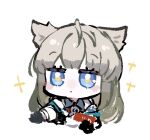 1girl animal_ears arknights arknights:_endfield bird_ears bird_girl black_gloves blue_eyes blush chibi closed_mouth commentary cropped_shoulders dot_mouth dress gloves grey_hair long_hair no_nose perlica_(arknights) simple_background solo sparkle sukima_(crie) white_background white_dress yellow_pupils 