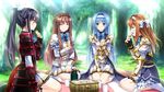  3girls armor black_hair black_legwear blue_eyes blue_hair braid brown_hair closed_eyes food gauntlets genderswap green_eyes hair_ribbon highres holding holding_food japanese_armor kidou_kaede kusazuri long_hair multiple_girls ninomiya_mikoto open_mouth otome_ga_kanaderu_koi_no_aria picnic ponytail ribbon sandwich seiza shoulder_armor sitting skirt smile socks sode spaulders thighhighs tree tsukahara_izumi white_legwear white_ribbon yukishiro_kotori 