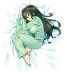  barefoot blush breasts brown_hair full_body green_pajamas highres kanayama_nao large_breasts long_hair lying on_side open_mouth original pajamas pillow sleeping solo yoshida_hideyuki 