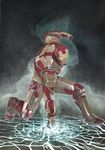  absurdres clenched_hands glowing highres iron_man male_focus marvel one_knee photorealistic power_armor punching realistic revision solo tetsuo_(huvac-akiro) 