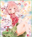 ankle_ribbon bandaged_arm bandages bare_legs blush border chain colored_pencil_(medium) cuffs double_bun flower gradient gradient_background hand_on_own_shoulder ibaraki_kasen light_smile looking_at_viewer marker_(medium) petals pink_eyes pink_flower pink_hair pink_rose potto puffy_short_sleeves puffy_sleeves ribbon rose sample shackles short_hair short_sleeves sitting skirt solo tabard touhou traditional_media 