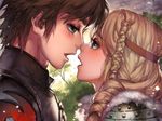  1girl armor astrid_hofferson blonde_hair blue_eyes braid brown_hair couple eye_contact face face-to-face from_side hetero hiccup_horrendous_haddock_iii how_to_train_your_dragon imminent_kiss kawacy long_hair looking_at_another open_mouth short_hair single_braid 