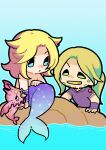  2boys absurdres blonde_hair blue_eyes colored_teeth commentary facial_hair gloves green_eyes grills grin gyro_zeppeli highres johnny_joestar long_hair looking_at_another m_a_a_m_8 male_focus merman monster_boy multiple_boys ponytail short_sleeves sitting smile symbol-only_commentary topless_male tusk_(stand) tusk_act1 water yellow_teeth 