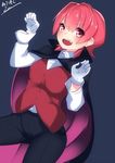 alternate_costume cape check_commentary commentary_request fangs gloves halloween halloween_costume highres kantai_collection kinu_(kantai_collection) long_sleeves looking_at_viewer nebusoku open_mouth pants red_eyes red_hair short_hair signature simple_background solo vampire vampire_costume white_gloves 