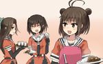  :d ^_^ annin_musou antenna_hair apron bad_id bad_pixiv_id brown_eyes brown_hair closed_eyes closed_mouth curry curry_rice double_bun food jintsuu_(kantai_collection) kantai_collection long_hair multiple_girls naka_(kantai_collection) open_mouth rice sendai_(kantai_collection) short_hair short_sleeves smile spoon 
