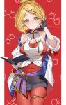  1girl adjusting_hair black_gloves black_skirt blonde_hair book breasts cleavage commentary_request cosplay gloves green_eyes hair_ornament hair_stick holding holding_book jacket large_breasts looking_at_viewer off_shoulder open_clothes open_jacket pantyhose parted_bangs pencil_skirt pointy_ears princess_zelda purah purah_(cosplay) red-framed_eyewear red_pantyhose round_eyewear shirt short_hair shuri_(84k) skirt sleeveless sleeveless_shirt the_legend_of_zelda the_legend_of_zelda:_tears_of_the_kingdom twitter_username white_background white_jacket white_shirt 