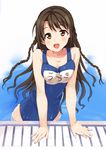  braid brown_eyes brown_hair idolmaster idolmaster_cinderella_girls long_hair one-piece_swimsuit poolside school_swimsuit shimamura_uzuki solo swimsuit wet yamamoto_shima 