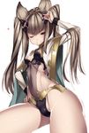  ;) \m/ animal_ears bangs blush breasts brown_eyes cat_ears cleavage covered_navel cowboy_shot erune granblue_fantasy grin hair_ornament hand_on_hip heart leotard light_brown_hair long_hair long_sleeves looking_at_viewer metera_(granblue_fantasy) midriff nenemaru one_eye_closed ribs see-through sidelocks simple_background small_breasts smile solo thighs tsurime twintails white_background 