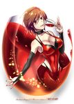  breasts bridal_gauntlets brown_eyes brown_hair caffein choker cleavage cup dress drinking_glass elbow_gloves gloves highres large_breasts meiko short_hair solo vocaloid wine_glass 