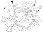 1boy 1other birthmark bubble dixie_cup_hat grandguerrilla greyscale hat higashikata_josuke_(jojolion) highres joestar_birthmark jojo_no_kimyou_na_bouken jojolion lineart male_focus military_hat monochrome parted_lips sailor sailor_collar sailor_hat short_hair soft_&amp;_wet solo stand_(jojo) star_(symbol) 