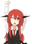  arm_up demon_girl demon_wings head_wings hinami047 koakuma long_hair long_sleeves looking_at_viewer necktie one_eye_closed open_mouth red_eyes red_hair shirt solo stretch tears touhou upper_body very_long_hair vest wings 