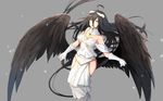  absurdly_long_hair albedo bare_shoulders black_hair black_wings breasts cleavage demon_girl demon_horns dress elbow_gloves gloves highres hip_vent horns large_breasts long_hair overlord_(maruyama) solo very_long_hair white_dress white_gloves wings yellow_eyes yingji_(zszero) 