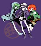  androgynous bad_id bad_pixiv_id black_hair coat frilled_hat frills green_eyes green_hair hat highres hood hooded_jacket hoodie jacket len'en ling_s multiple_others necktie open_mouth puffy_pants puffy_shorts purple_eyes red_eyes red_hair shitodo_aoji shitodo_hooaka shitodo_kuroji short_hair shorts siblings smile triangular_headpiece 