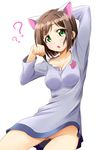  ?? animal_ears arm_up blush bottomless breasts brown_hair cat_ears chestnut_mouth cleavage collarbone cowboy_shot green_eyes idolmaster idolmaster_cinderella_girls long_sleeves looking_at_viewer maekawa_miku matatabi_(2ccp) medium_breasts paw_pose pussy short_hair simple_background solo white_background 