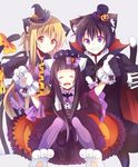  2girls animal_ears asuna_(sao) black_hair brown_eyes brown_hair cape cat_ears closed_eyes dress gloves halloween hanahubuki1991 highres jack-o'-lantern kirito long_hair multiple_girls paw_gloves paw_shoes paws shoes short_hair sword_art_online tail whiskers yui_(sao) 