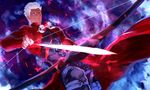  archer arrow bow_(weapon) dark_skin dark_skinned_male fate/stay_night fate_(series) highres kotomine_(a1569) male_focus solo weapon white_hair 