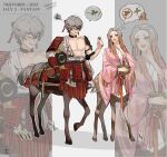  +++ 1boy 1girl :d absurdres alternate_costume alternate_hairstyle arm_out_of_sleeve armor bandaged_waist bare_pectorals basket bealouis_illu black_collar black_gloves black_helmet bluesky_username blunt_sidelocks braid brown_hair carrying carrying_under_arm centaur centauroid closed_eyes clothes_down collar colored_eyelashes covering_own_mouth deer_girl detached_collar embarrassed english_text floral_print floral_print_kimono flower flying_sweatdrops forehead full_body gloves gradient_hair grey_hair hadanugi_dousa hair_flower hair_ornament hand_over_own_mouth helmet highres hikimayu holding holding_basket holding_plant holding_unworn_helmet horse_boy japanese_armor japanese_clothes kabuto_(helmet) kanzashi kimono klara_charmwood kote kusazuri long_hair long_sleeves looking_at_another looking_to_the_side multicolored_hair nijisanji nijisanji_en no_nipples obi obijime open_mouth pectorals pink_kimono plant print_kimono red_ribbon red_rope ribbon rope ryoma_barrenwort saddle saddle_blanket sash scabbard sheath short_eyebrows short_hair shoulder_armor side_braids sidelocks single_glove smile sode speech_bubble spoken_object squiggle straight_hair sweatdrop sword taur teeth twitter_username two-tone_kimono unworn_headwear unworn_helmet upper_teeth_only virtual_youtuber weapon white_flower wide_sleeves yellow_eyes yukata zoom_layer 