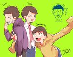  ;3 alternate_costume arm_around_waist artist_name bad_id bad_twitter_id brothers brown_hair character_name cowboy_shot dated green_background grin hood hoodie jikuno jitome male_focus matsuno_ichimatsu matsuno_juushimatsu matsuno_osomatsu matsuno_todomatsu multiple_boys necktie one_eye_closed open_mouth osomatsu-kun osomatsu-san pink_eyes purple_eyes siblings simple_background sleeves_past_wrists smile surgical_mask translation_request v yellow_eyes 