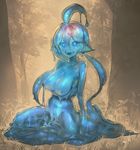  :d ahoge aos bangs blue_eyes blue_hair blue_skin breast_hold breasts dripping goo_girl grass hair_between_eyes large_breasts long_hair looking_at_viewer monster_girl nipples nude open_mouth original sitting smile solo spread_legs tareme tree twintails wariza 
