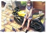  bird blue_eyes boots brown_hair can drink ground_vehicle legs long_hair long_sleeves looking_at_viewer motor_vehicle motorcycle original outdoors pleated_skirt rff_(3_percent) scarf skirt smile solo 