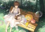  antenna_hair barefoot brown_eyes brown_hair bubble bzerox clannad closed_eyes dress furukawa_nagisa multiple_girls okazaki_ushio sandals short_hair sitting tree white_dress 