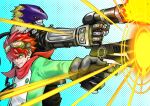  2boys absurdres beelzebumon black_jacket blonde_hair blue_background blue_skin brown_hair colored_skin digimon digimon_(creature) digimon_story:_time_stranger eikenkobayashi finger_on_trigger firing green_jacket gun hair_over_one_eye highres holding holding_gun holding_weapon jacket male_focus multicolored_jacket multiple_boys polka_dot polka_dot_background red_eyes red_hair short_hair simple_background smirk third_eye two-tone_jacket upper_body weapon white_background white_jacket yellow_eyes yuuki_dan 