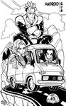  2boys android_16 android_17 android_18 artist_name character_name chin_rest cliff cloud crossed_arms dated dragon_ball dragon_ball_z earrings frown greyscale ground_vehicle indian_style jewelry mike_luckas monochrome motor_vehicle multiple_boys road signature sitting smile van 