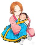  baby black_hair brothers child chinese_clothes closed_eyes hug kingdom mabui_(poloon) male_focus mole mouki_(kingdom) mouten_(kingdom) multiple_boys orange_hair siblings younger 