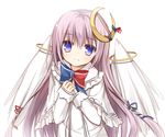  adapted_costume angel_wings blue_eyes bow capelet coat crescent crescent_hair_ornament dress hair_ornament hair_ribbon long_hair looking_at_viewer open_clothes open_coat patchouli_knowledge purple_hair ribbon smile solo touhou tress_ribbon very_long_hair white_dress wings yuuhagi_(amaretto-no-natsu) 