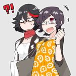  2girls black_hair blush commentary_request constricted_pupils eugenio2nd glasses kill_la_kill matoi_ryuuko multicolored_hair multiple_girls one_eye_closed oogure_maiko red_eyes red_hair scarf shaded_face short_hair smile sweatdrop two-tone_hair 