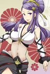  beads breasts cleavage fire_emblem fire_emblem_if hair_ornament large_breasts long_hair midriff orochi_(fire_emblem_if) purple_eyes purple_hair shougayaki_(kabayaki_3) solo 