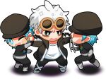  3boys absurdres afterimage aqua_eyes belt black_hat black_jacket black_pants black_shirt blush blush_stickers boots bright_pupils chibi commentary_request eyewear_on_head gloves grey_belt grey_boots grey_gloves guzma_(pokemon) hand_on_another's_face hat highres indoors jacket logo motion_blur multiple_boys one_eye_closed open_clothes open_jacket open_mouth outstretched_arms pants pokemon pokemon_usum shirt shoes short_hair shorts simple_background spread_arms standing sunglasses swiping team_rainbow_rocket team_rainbow_rocket_grunt team_rainbow_rocket_uniform white_background white_hair white_pupils white_shirt yellow-framed_eyewear zhen_xionggui 