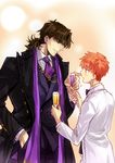  brown_eyes brown_hair cup drinking_glass emiya_shirou fate/stay_night fate_(series) formal kotomine_kirei male_focus multiple_boys red_hair short_ponytail stole suit sunday31 tuxedo wine_glass 