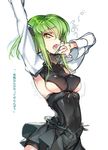  arms_up breasts c.c. code_geass cosplay creayus detached_sleeves kantai_collection long_hair medium_breasts open_mouth solo standing taihou_(kantai_collection) taihou_(kantai_collection)_(cosplay) translation_request yellow_eyes 
