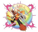  alternate_form blaziken blue_eyes claws gen_3_pokemon highres jpeg_artifacts mega_blaziken mega_pokemon no_humans official_art open_mouth pokemon pokemon_(creature) simple_background solo white_background 