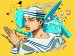  1boy 1other aqua_skin birthmark blue_eyes bubble colored_skin colorized grandguerrilla green_hair hachuart hat higashikata_josuke_(jojolion) highres jacket joestar_birthmark jojo_no_kimyou_na_bouken jojolion long_sleeves multicolored_jacket orange_eyes orange_lips parted_lips sailor sailor_collar sailor_hat shirt soft_&amp;_wet star_(symbol) two-tone_jacket white_hat white_sailor_collar white_shirt yellow_background 
